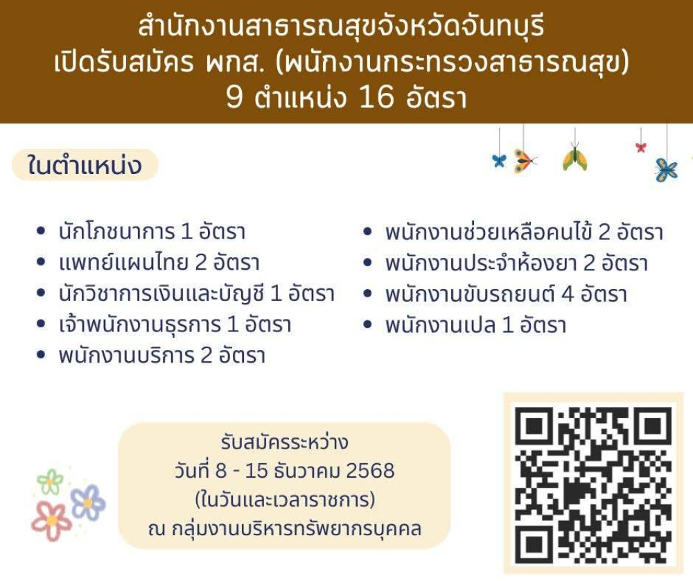ประชาสัมพันธ์ สำนักงานสาธารณสุขจังหวัดจันทบุรี ประกาศรับสมัครบุคคลเพื่อเลือกสรรเป็นพนักงานกระทรวงสาธารณสุขทั่วไปในตำแหน่งต่างๆ ของหน่วยงานในสังกัด จำนวน 9 ตำแหน่ง 16 อัตรา